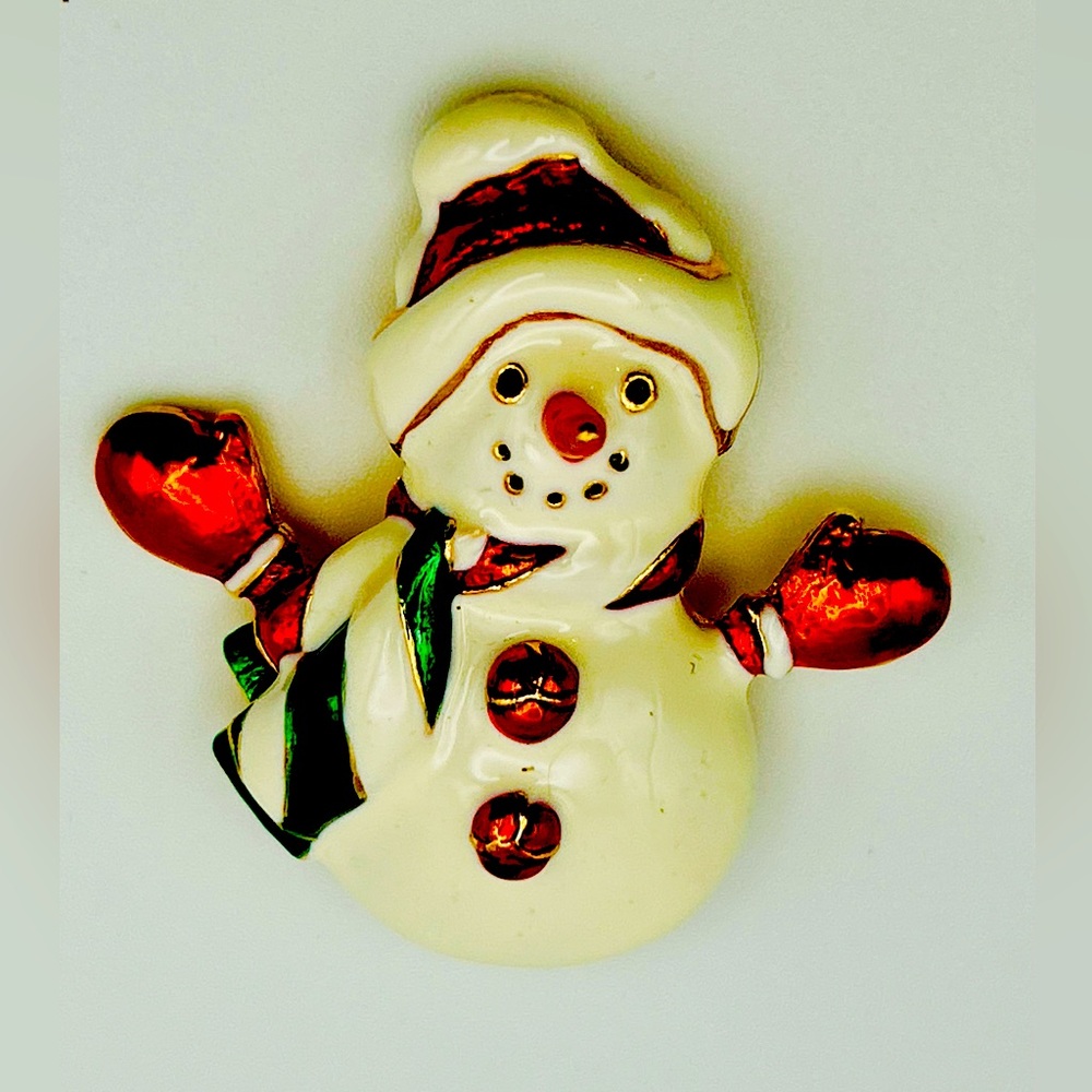 Signed Christopher Radko Gold Tone Enamel Snowman Christmas Holiday Brooch Pin,